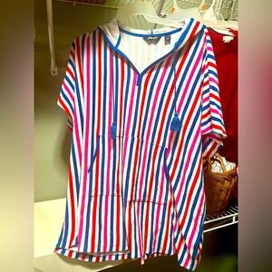Lands' End Multicolor Striped Hooded Terry Swim Coverup. L-XL